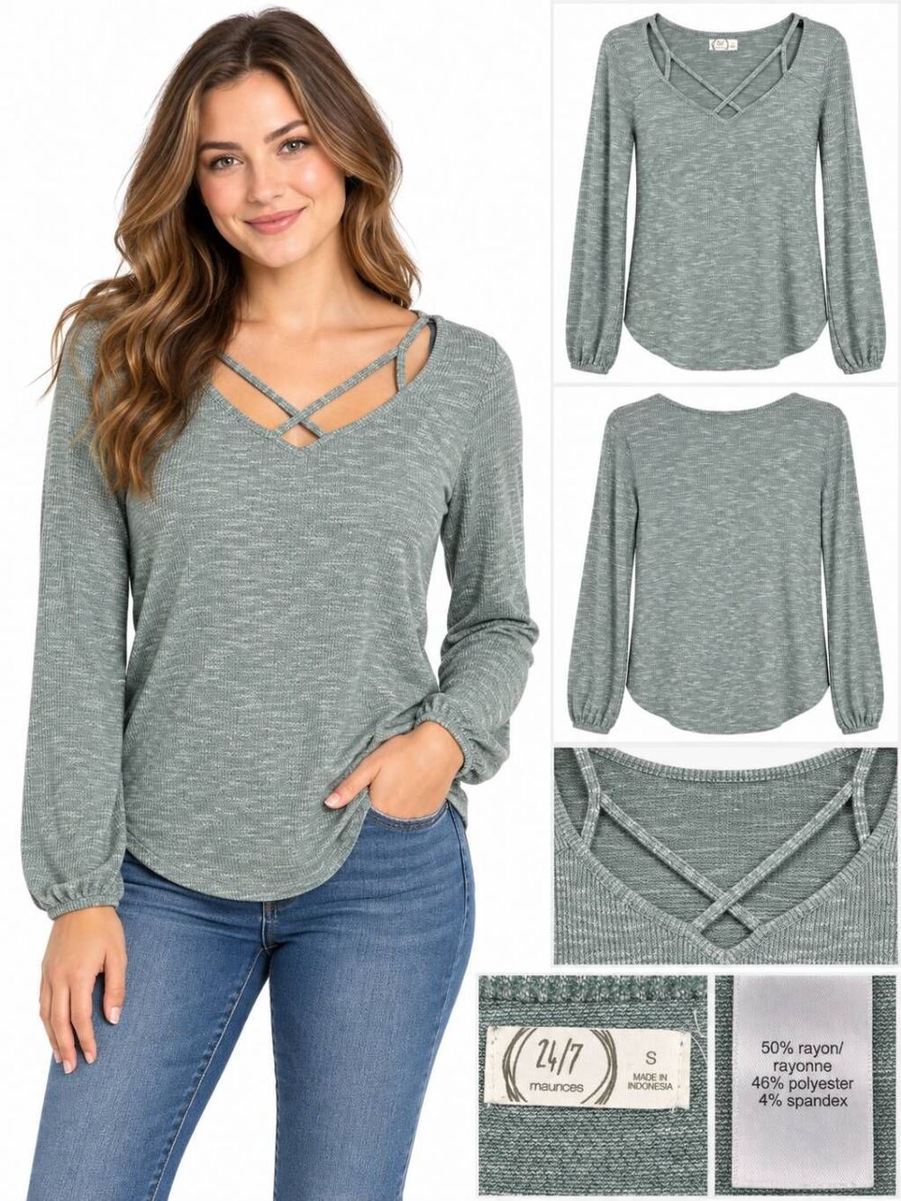 Maurices 24/7 Knit Top S Criss Cross Neck Green